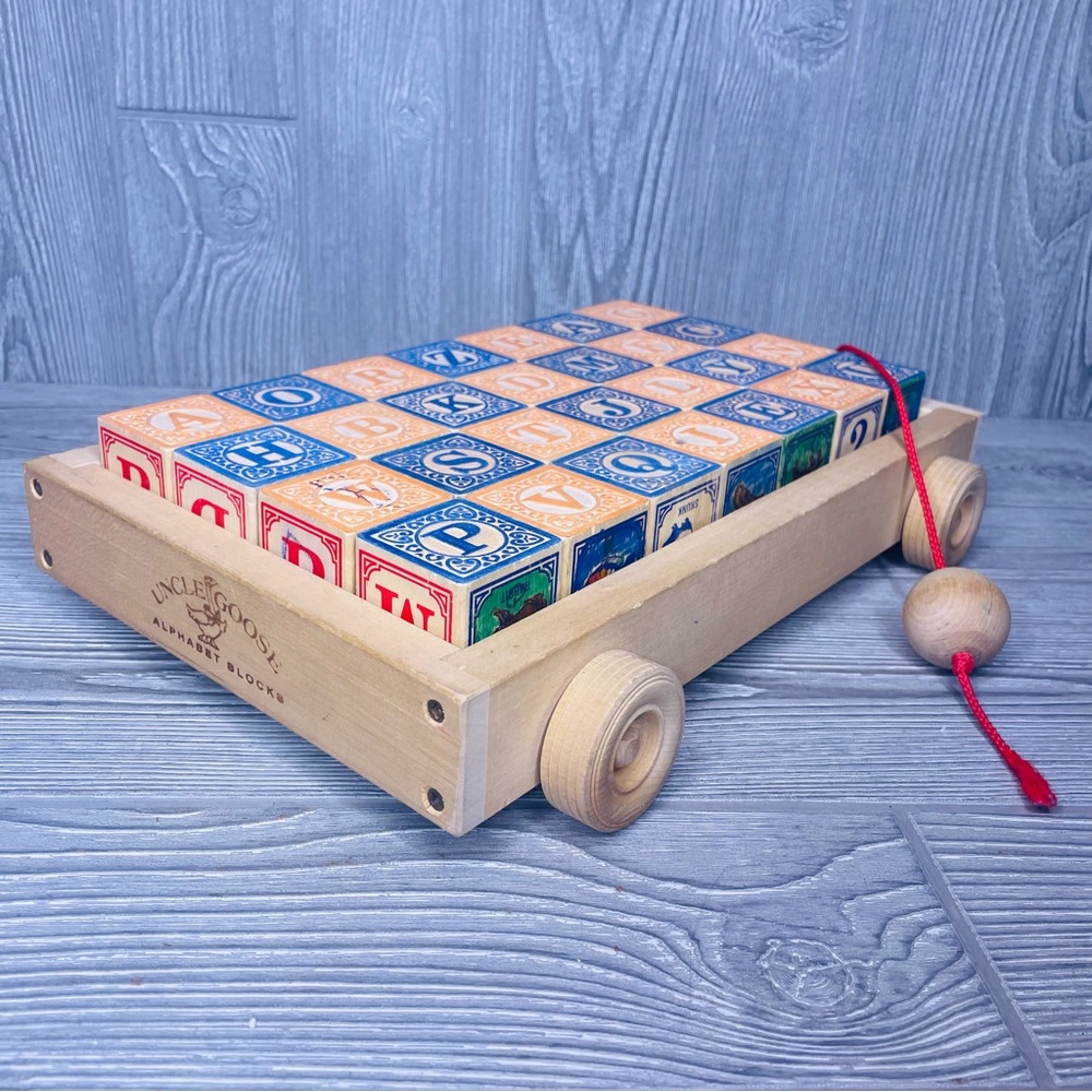 Uncle Goose Classic ABC wooden Blocks with Wagon with stacking blocks Montessori